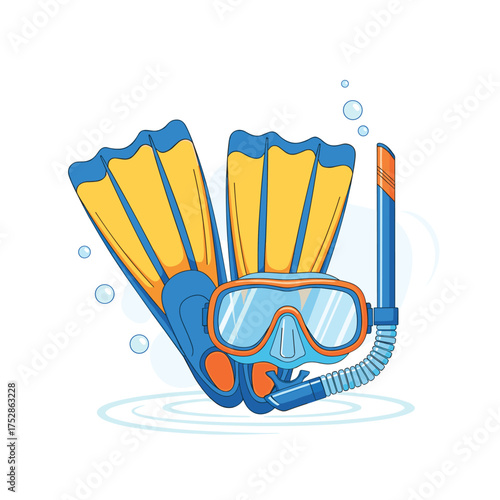 A pair of yellow and blue fins and a blue snorkel mask float on the surface of the water surrounded by bubbles.
