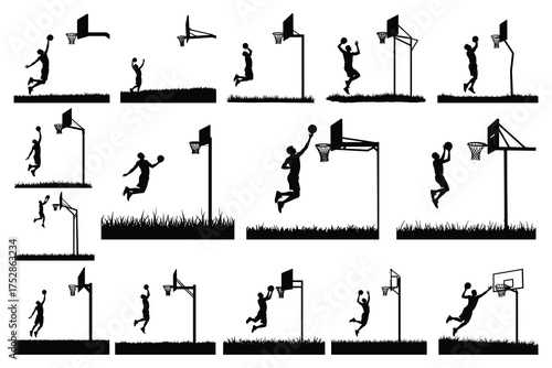 Basketball players jumping and dunking on court silhouettes