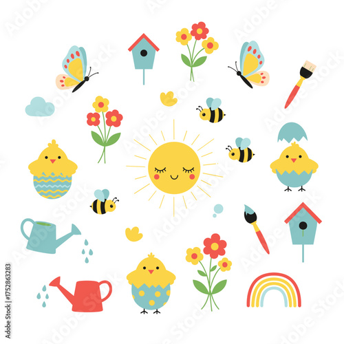 A delightful collection of springtime icons featuring cute chicks buzzing bees and colorful flowers.