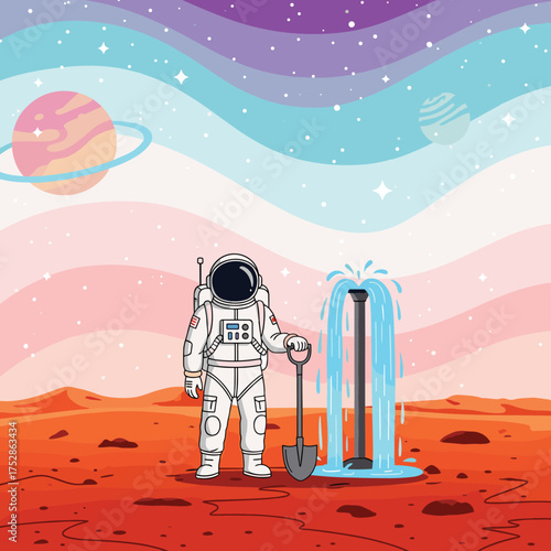 An astronaut discovers water on a distant planet while exploring the desert.
