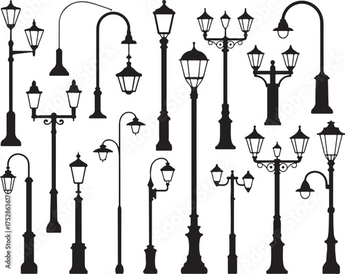 Set of Silhouette Street Lamps Vector Illustration with Different Shapes in Dark Color Isolated on Transparent Background Very High Resolution