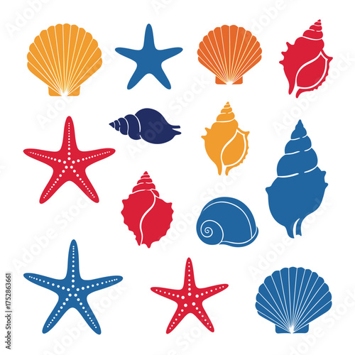 A vibrant collection of colorful seashells and starfishes adorning the ocean floor.