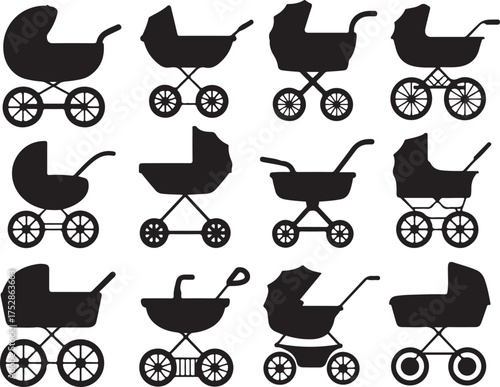 Black silhouette of baby carriage for newborns on transparent background vector in monochrome style exactly 130 characters long