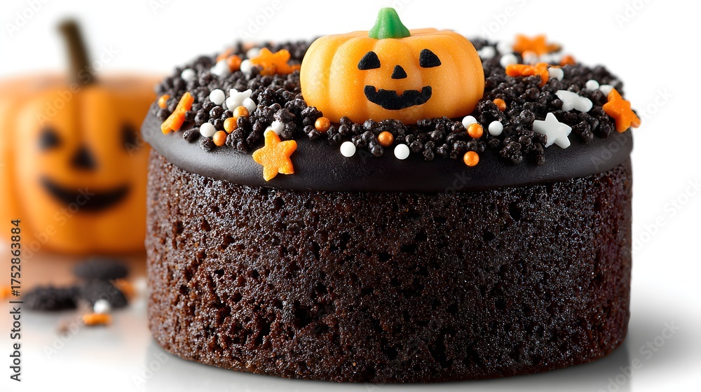 custom made wallpaper toronto digitalMini chocolate cake topped with Halloween sprinkles and a small fondant jack-o’-lantern, isolated on white background