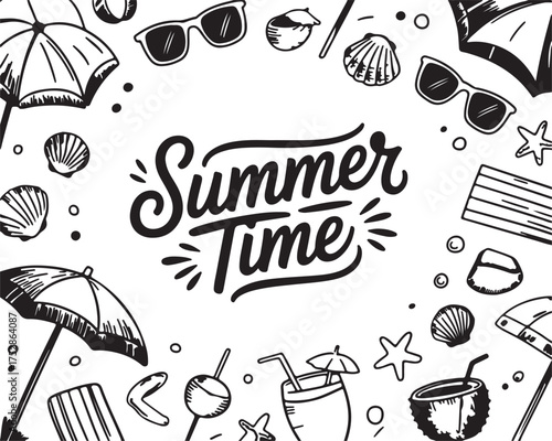 Summer Time Beach Holiday Vector Illustration with Umbrella Shells Sun Glasses Vacation and Sea Elements in Black and White Style 130