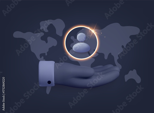Hand holding glowing user icon over world map representing global community, customer care and digital identity. 3D Vector Web Illustration.