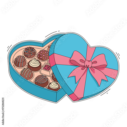 A delightful heart shaped box filled with assorted gourmet chocolates tied with a pretty pink ribbon.