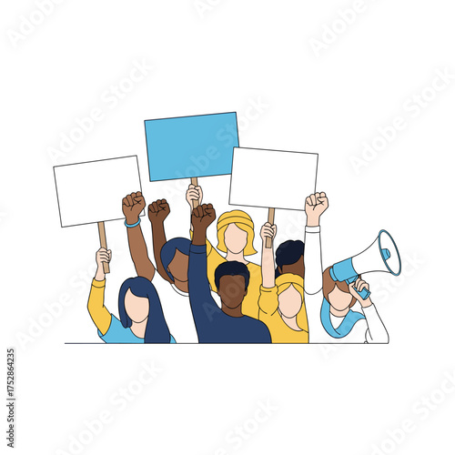 A diverse group of people holds protest signs and a megaphone.