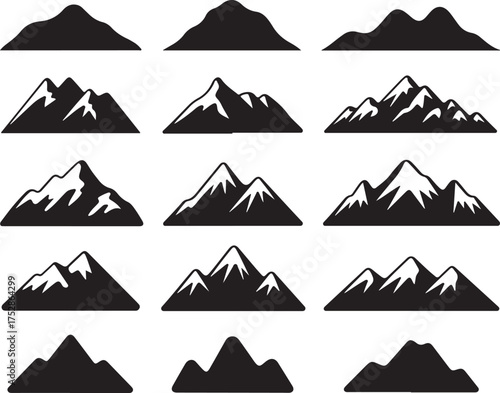 Different Shapes of Mountain Range Silhouettes Isolated on Transparent Background for Outdoor Landscape Decoration