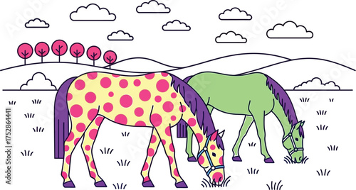 Playful cartoon horses with vibrant patterns grazing peacefully in a whimsical meadow under a cloudy sky.