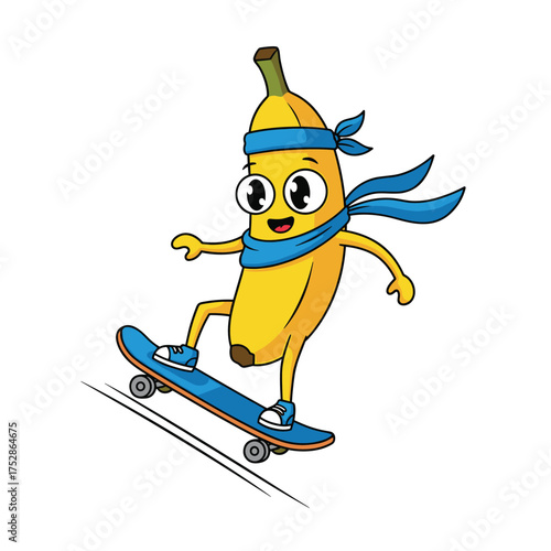 A cartoon banana character rides a skateboard with enthusiasm and style.
