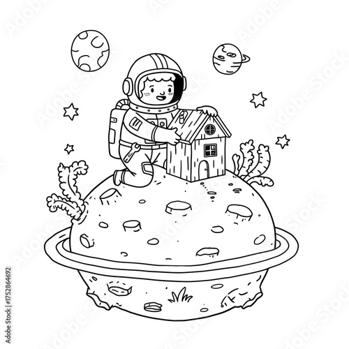 Astronaut building a house on a planet in space.