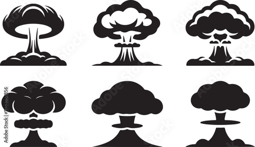 Mushroom Cloud Silhouette Vector Collection After Detonation For Nuclear, Atomic, Chemical Explosion Isolated In Transparent Background
