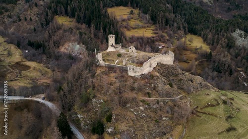 The ruins of the Castle of Graines Val D'Ayas, Aosta valley, Italy, aerial view
