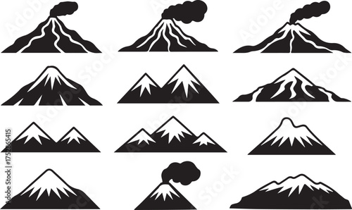 Collection of Volcanic Mountains in Silhouette Style with Some Erupting for Geography Education and Landscape Illustrations at 125 Letters