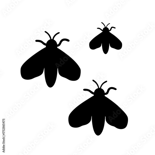 Three silhouetted fireflies flying in formation artistic representation nighttime insect glow summer evening swarm