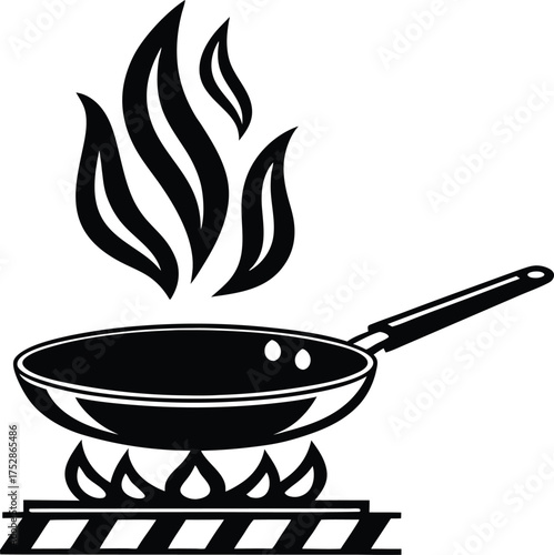 A stylized black and white illustration of a frying pan on a gas stove with flames and smoke rising symbolizing cooking and heat