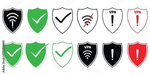 Collection of shield icons representing security and protection with various symbols