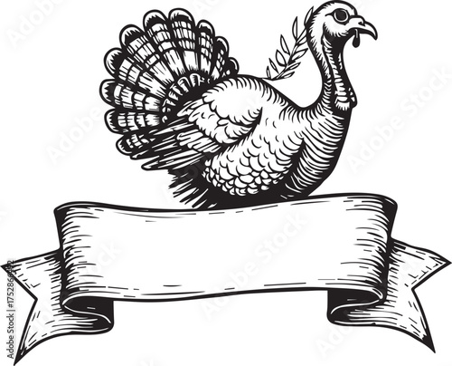 A charming turkey in a classic style, with a scroll below, creating a welcoming invitation, evoking a sense of tradition and seasonal joy.