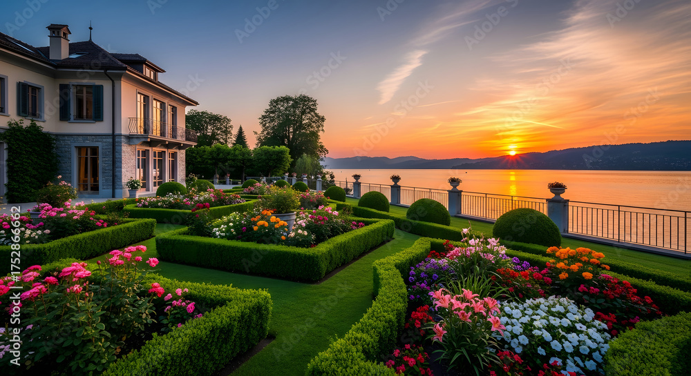 Obraz premium Picturesque view of a grand estate with a formal garden overlooking a tranquil lake at sunset, showcasing vibrant flowers and manicured hedges in a stunning landscape