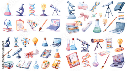 Colorful watercolor set of science and education tools including microscope, telescope, DNA, and books. Perfect for school designs, STEM projects, and learning illustrations.