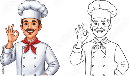 Smiling chef in uniform gives an OK gesture, showing satisfaction with culinary skill.