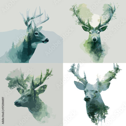 Double exposure watercolor deer silhouettes blending forest landscapes. Artistic nature illustration perfect for wall art, wildlife design, and environmental projects.