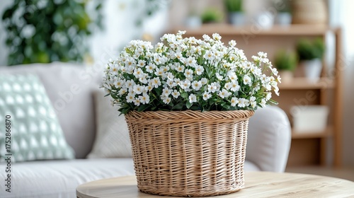 Wicker basket of white chrysanthemum flowers on a wooden table in a cozy living room.