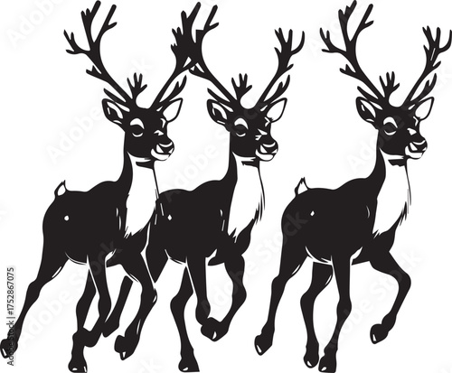 Three elegant reindeer, captured in a bold, graphic style, charge forward with their majestic antlers held high. Their silhouettes exude power and movement, a testament to nature's graceful strength.