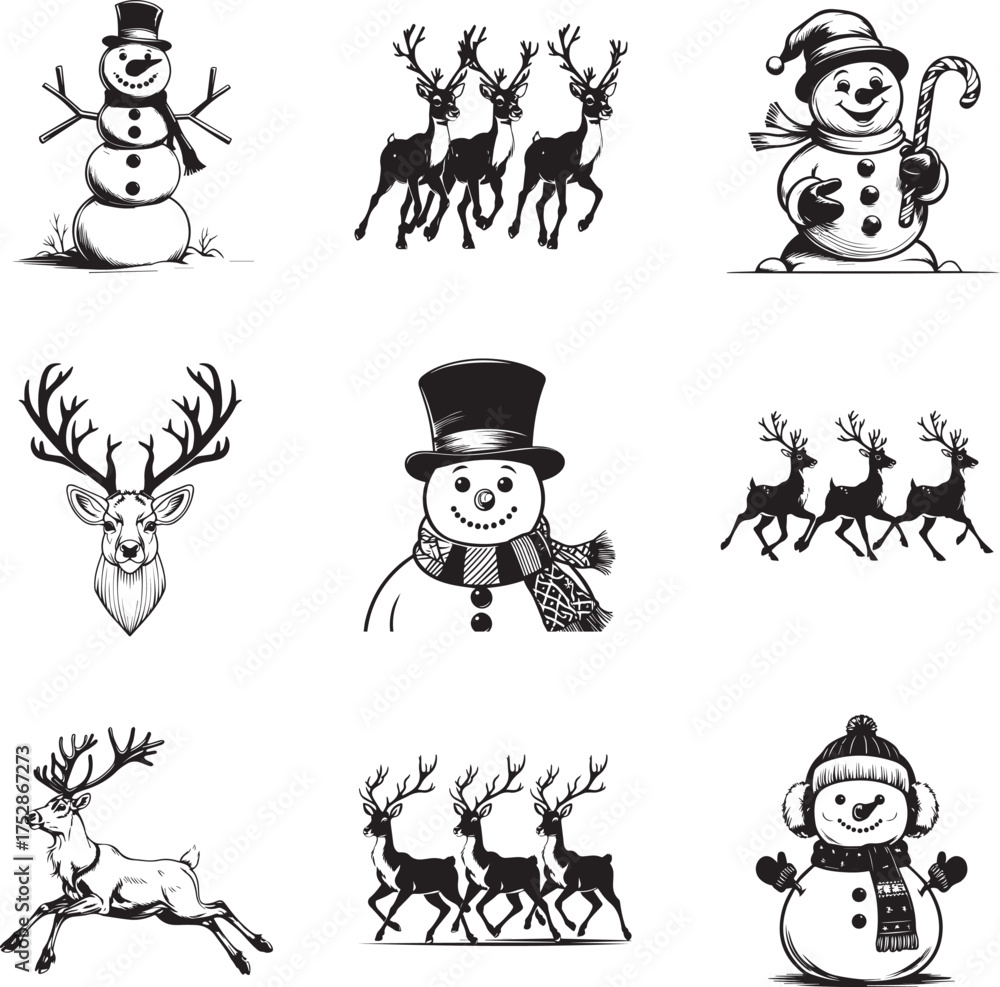 Obraz premium A charming collection of illustrated winter scenes. each detail hand-drawn to evoke warmth, winter, and holiday spirit. with snowmen and reindeer.