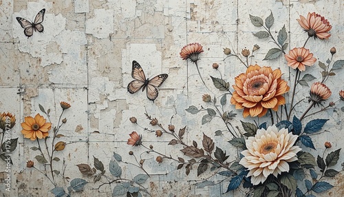 Distressed Wall Art featuring Butterflies and Elegant Floral Arrangement, Botanical Theme Design