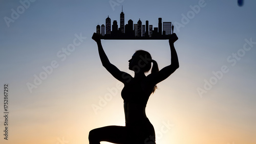Silhouette of a woman with a sword at sunset against a vibrant sky symbolizing freedom and victory