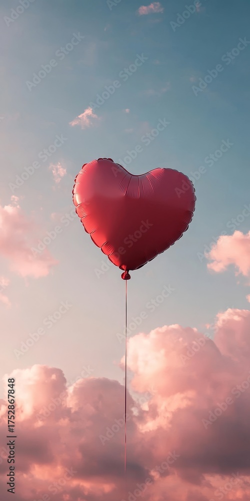 Fototapeta premium A Heart-Shaped Balloon Floating Gracefully Among Cotton Candy Clouds in a Dreamy, Ethereal Sky