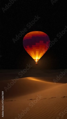 Colorful hot air balloon illuminated at night over serene desert landscape with footprints