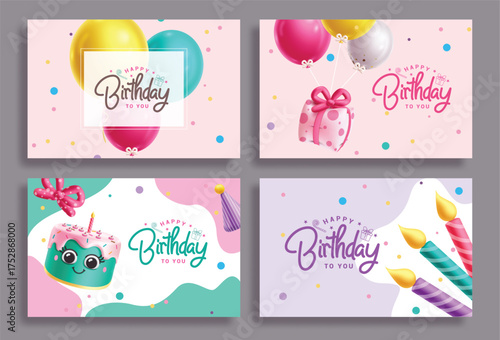 Birthday invitation card vector banner set design. Happy birthday greeting text with balloons floating, cake, gift box and candle colorful inflatable decoration elements. Vector illustration greeting