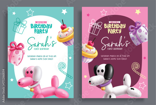 Birthday greeting card vector poster set design. Happy birthday greeting text with colorful balloons floating, pennants and candle decoration elements. Vector illustration invitation card poster