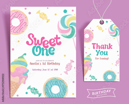 Birthday invitation card vector set design. Happy birthday thank you tag with candy sweets theme party for girl invitation template. Vector illustration birth day card design.