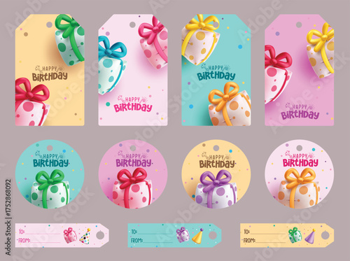 Birthday gift tags vector set design. Happy birthday greeting text with balloons inflatable gifts elements for party celebration tags collection. Vector illustration gift tags set.