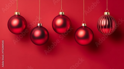 Five red christmas ornaments hanging on red background