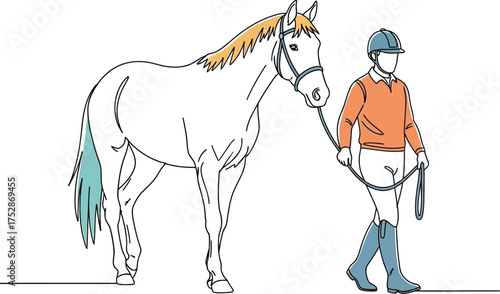 Equestrian handler leads a white horse with a flowing mane and tail, showcasing a partnership in the stable.