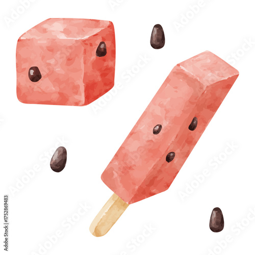 水彩画風の四角く切ったスイカと種のイラスト