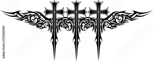 Tribal tattoo design with three crosses and ornate wings