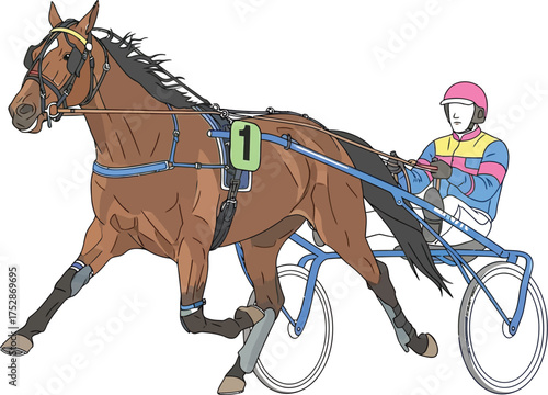 Powerful racehorse pulling a sulky with a jockey in a competitive harness race