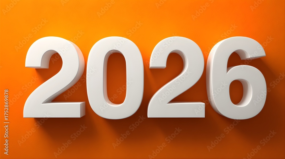 custom made wallpaper toronto digitalMinimalist 3D white “2026” numbers with clean edges casting shadows on a bold orange backdrop
