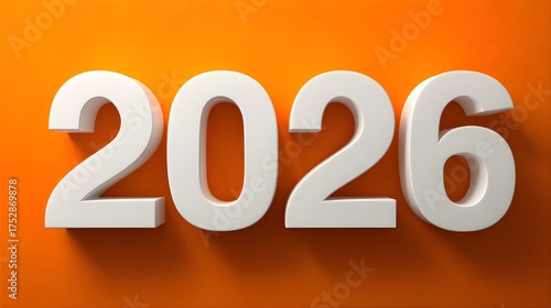 Wallpaper Mural Minimalist 3D white “2026” numbers with clean edges casting shadows on a bold orange backdrop Torontodigital.ca