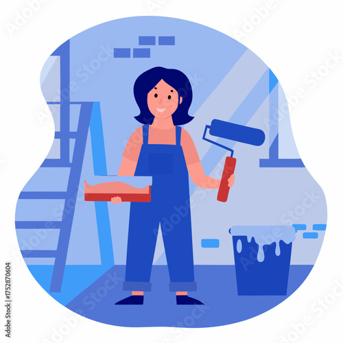 Young woman painting with roller and paint tray in home renovation space  