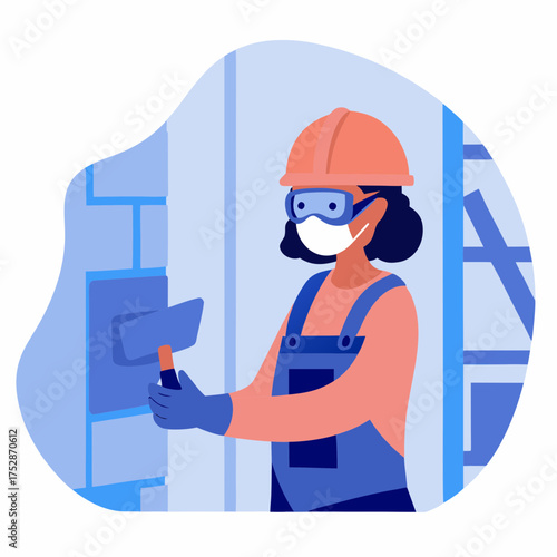 Woman wearing safety gear plastering wall indoors with tools  
