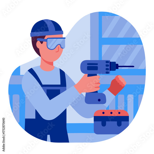 Worker using a cordless screwdriver while wearing safety gear  