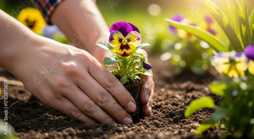 Gentle hands carefully plant a vibrant pansy flower in rich soil under warm sunlight, bringing life to the garden.
