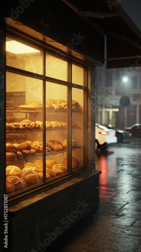 Cozy bakery display filled with freshly baked bread, illuminated at night in a rainy street